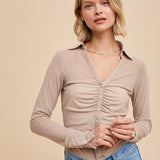 Mesh Button Down Top - Beige-Shirts & Tops- Hometown Style HTS, women's in store and online boutique located in Ingersoll, Ontario