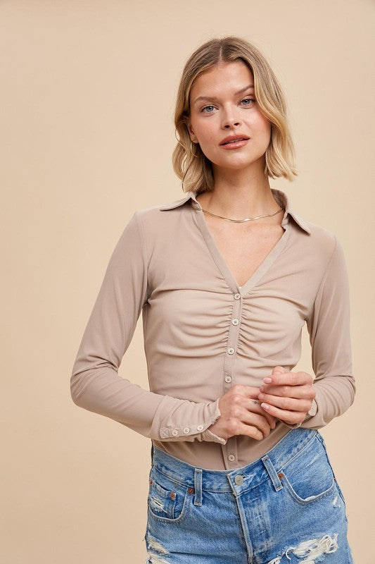 Mesh Button Down Top - Beige-Shirts & Tops- Hometown Style HTS, women's in store and online boutique located in Ingersoll, Ontario