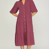 Button Down Tiered Midi Dress - Berry-dress- Hometown Style HTS, women's in store and online boutique located in Ingersoll, Ontario