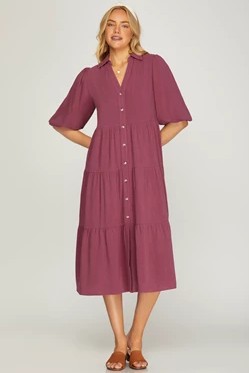 Button Down Tiered Midi Dress - Berry-dress- Hometown Style HTS, women's in store and online boutique located in Ingersoll, Ontario