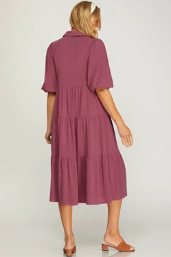 Button Down Tiered Midi Dress - Berry-dress- Hometown Style HTS, women's in store and online boutique located in Ingersoll, Ontario