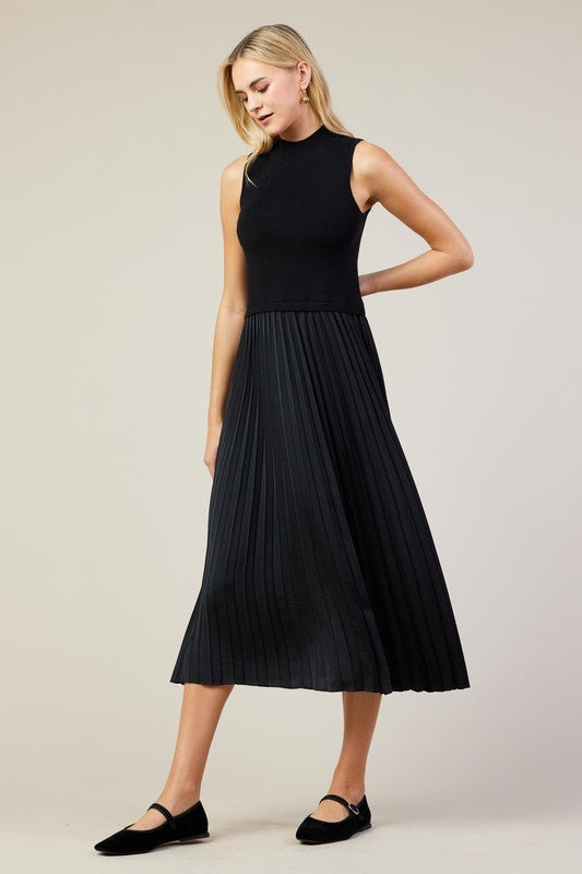 Pleated Mock Neck Dress - Black-Dresses- Hometown Style HTS, women's in store and online boutique located in Ingersoll, Ontario