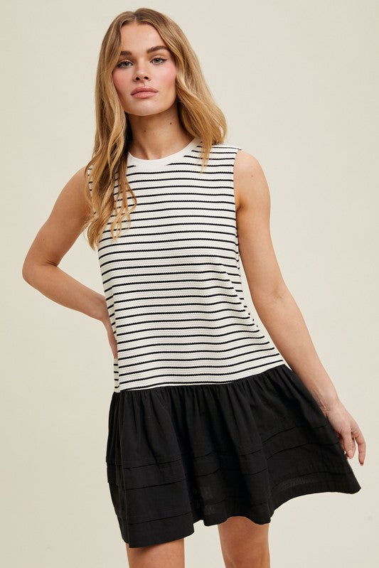 Mixed Media Striped Mini Dress - Black & Cream-Dress- Hometown Style HTS, women's in store and online boutique located in Ingersoll, Ontario