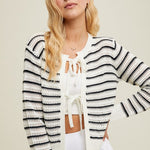 Striped Front Tie Cardigan - Black & Ivory-Sweater- Hometown Style HTS, women's in store and online boutique located in Ingersoll, Ontario