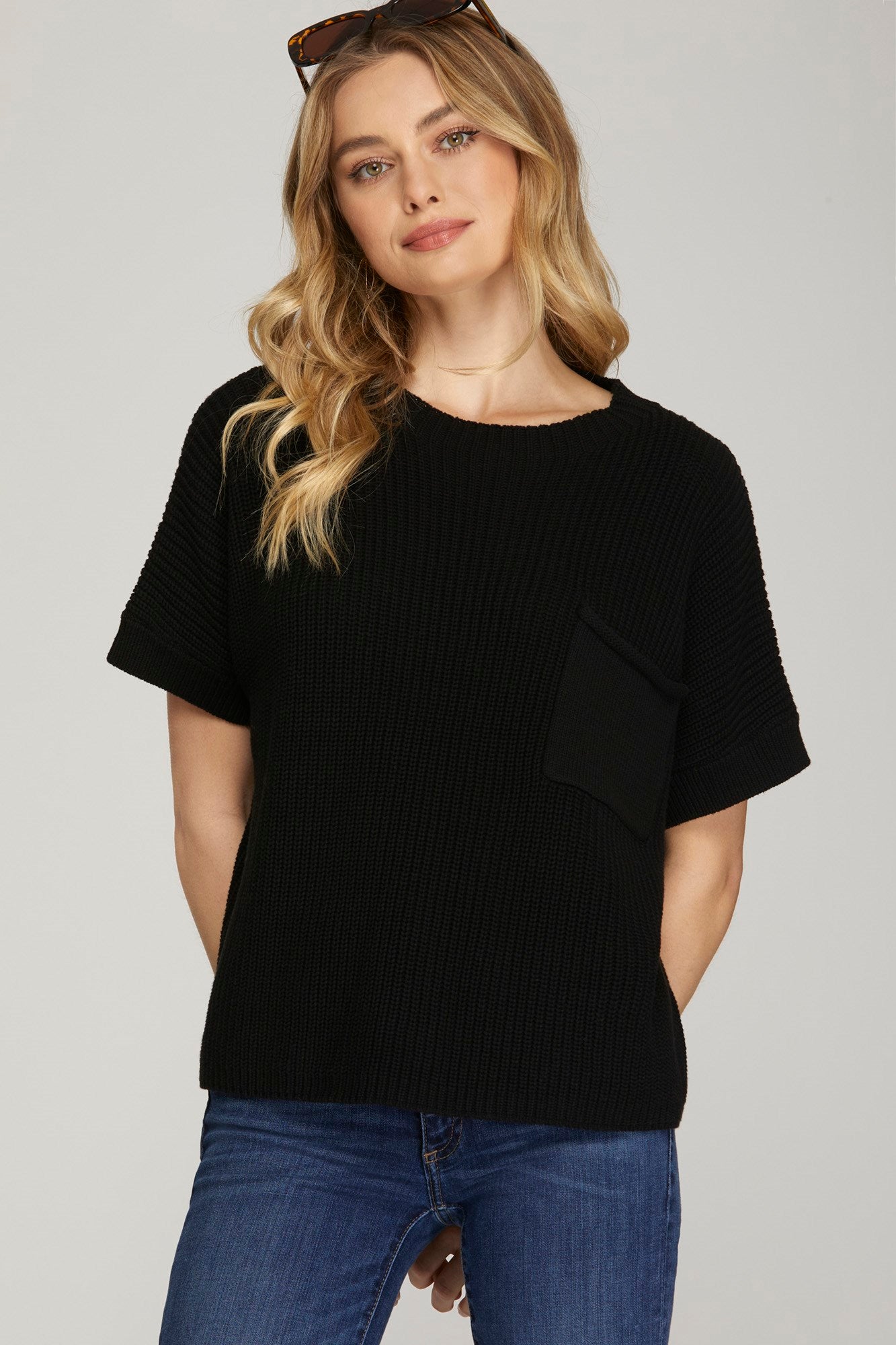 Short Sleeve Sweater Top - Black-T shirt- Hometown Style HTS, women's in store and online boutique located in Ingersoll, Ontario