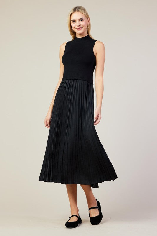 Pleated Mock Neck Dress - Black-Dresses- Hometown Style HTS, women's in store and online boutique located in Ingersoll, Ontario