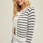 Striped Front Tie Cardigan - Black & Ivory-Sweater- Hometown Style HTS, women's in store and online boutique located in Ingersoll, Ontario