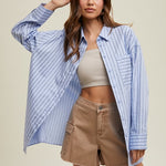 Striped Boyfriend Button Up Shirt - Blue & Black-Shirts & Tops- Hometown Style HTS, women's in store and online boutique located in Ingersoll, Ontario