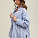 Striped Boyfriend Button Up Shirt - Blue & Black-Shirts & Tops- Hometown Style HTS, women's in store and online boutique located in Ingersoll, Ontario