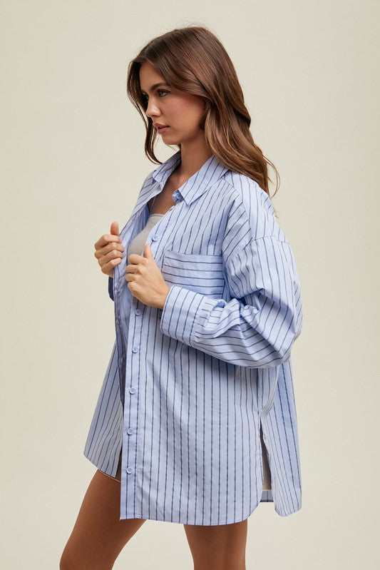 Striped Boyfriend Button Up Shirt - Blue & Black-Shirts & Tops- Hometown Style HTS, women's in store and online boutique located in Ingersoll, Ontario