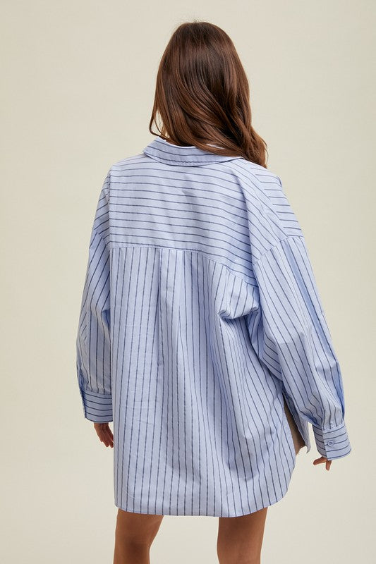 Striped Boyfriend Button Up Shirt - Blue & Black-Shirts & Tops- Hometown Style HTS, women's in store and online boutique located in Ingersoll, Ontario