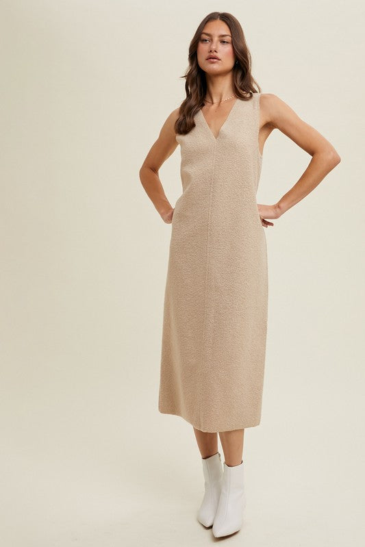 Boucle Sleeveless Midi Dress - Taupe-dress- Hometown Style HTS, women's in store and online boutique located in Ingersoll, Ontario