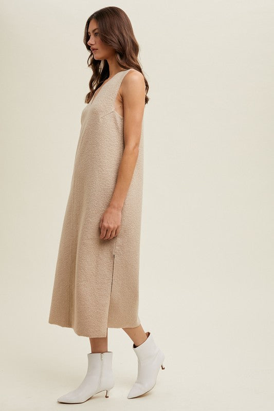 Boucle Sleeveless Midi Dress - Taupe-dress- Hometown Style HTS, women's in store and online boutique located in Ingersoll, Ontario