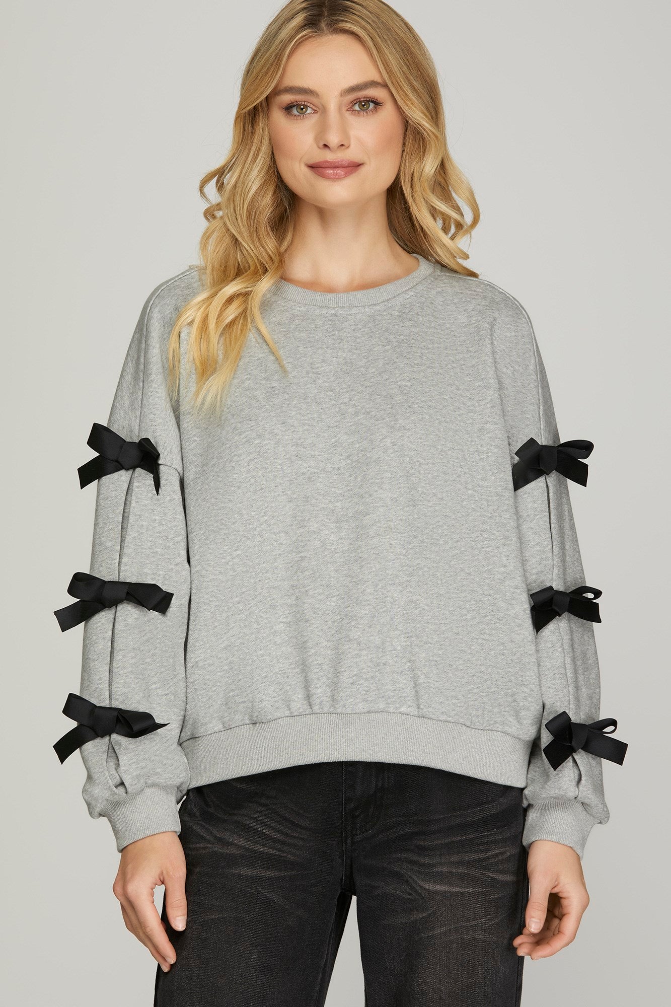 Ribbon Bow Sweatshirt - Heather Grey-Sweater- Hometown Style HTS, women's in store and online boutique located in Ingersoll, Ontario