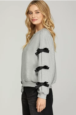 Ribbon Bow Sweatshirt - Heather Grey-Sweater- Hometown Style HTS, women's in store and online boutique located in Ingersoll, Ontario