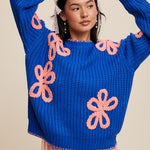 Ribbed Chunky Flower Sweater - Blue-sweater- Hometown Style HTS, women's in store and online boutique located in Ingersoll, Ontario