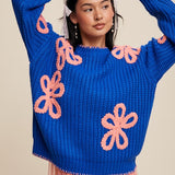 Ribbed Chunky Flower Sweater - Blue-sweater- Hometown Style HTS, women's in store and online boutique located in Ingersoll, Ontario