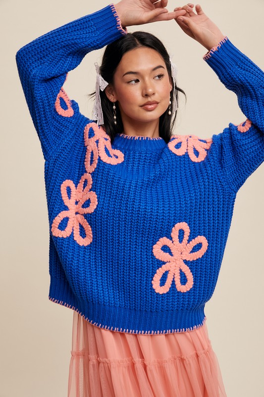 Ribbed Chunky Flower Sweater - Blue-sweater- Hometown Style HTS, women's in store and online boutique located in Ingersoll, Ontario