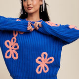 Ribbed Chunky Flower Sweater - Blue-sweater- Hometown Style HTS, women's in store and online boutique located in Ingersoll, Ontario