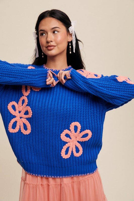 Ribbed Chunky Flower Sweater - Blue-sweater- Hometown Style HTS, women's in store and online boutique located in Ingersoll, Ontario