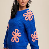 Ribbed Chunky Flower Sweater - Blue-sweater- Hometown Style HTS, women's in store and online boutique located in Ingersoll, Ontario