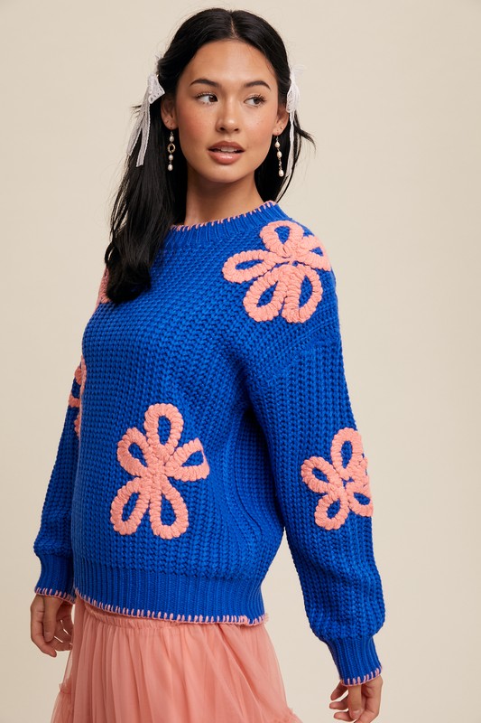 Ribbed Chunky Flower Sweater - Blue-sweater- Hometown Style HTS, women's in store and online boutique located in Ingersoll, Ontario