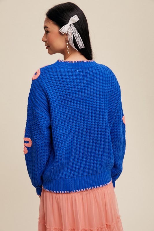 Ribbed Chunky Flower Sweater - Blue-sweater- Hometown Style HTS, women's in store and online boutique located in Ingersoll, Ontario