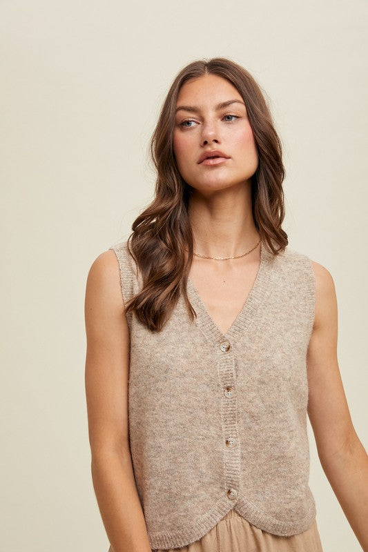 Brushed Button Up Sweater Vest - Taupe-vest- Hometown Style HTS, women's in store and online boutique located in Ingersoll, Ontario