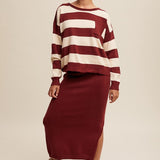 Striped Sweater & Knit Pencil Skirt - Burgundy-set- Hometown Style HTS, women's in store and online boutique located in Ingersoll, Ontario