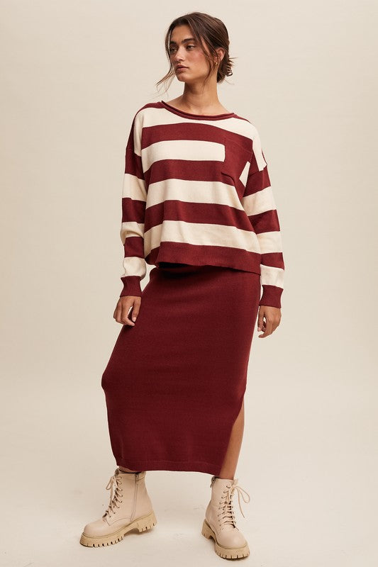 Striped Sweater & Knit Pencil Skirt - Burgundy-set- Hometown Style HTS, women's in store and online boutique located in Ingersoll, Ontario