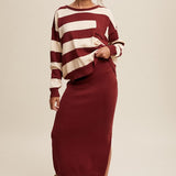 Striped Sweater & Knit Pencil Skirt - Burgundy-set- Hometown Style HTS, women's in store and online boutique located in Ingersoll, Ontario