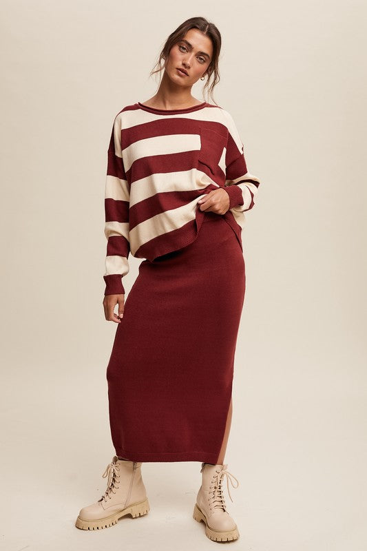 Striped Sweater & Knit Pencil Skirt - Burgundy-set- Hometown Style HTS, women's in store and online boutique located in Ingersoll, Ontario