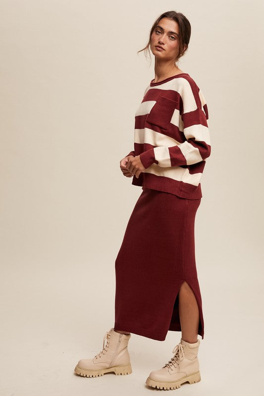 Striped Sweater & Knit Pencil Skirt - Burgundy-set- Hometown Style HTS, women's in store and online boutique located in Ingersoll, Ontario