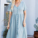 Cotton Button Down Midi Dress - Misty Blue-dress- Hometown Style HTS, women's in store and online boutique located in Ingersoll, Ontario