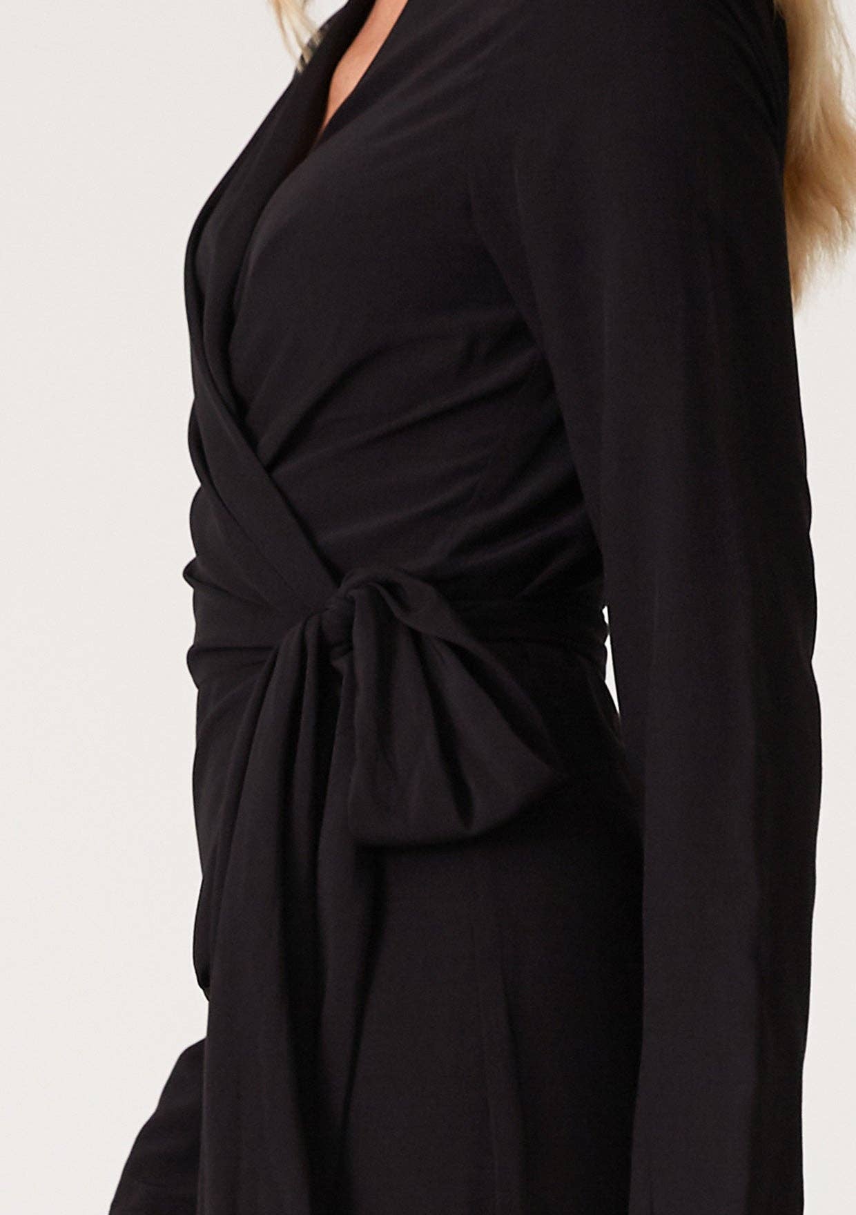 Long Sleeve Midi Wrap Dress - Black-dress- Hometown Style HTS, women's in store and online boutique located in Ingersoll, Ontario