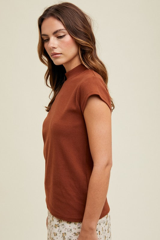 Mock Neck Knit Tee - Brown-tops- Hometown Style HTS, women's in store and online boutique located in Ingersoll, Ontario