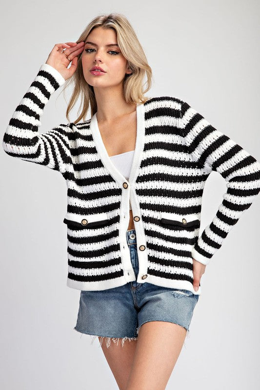 Striped Cardigan - Black-cardigan- Hometown Style HTS, women's in store and online boutique located in Ingersoll, Ontario