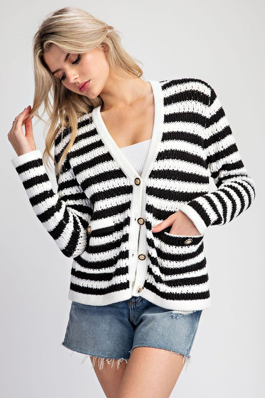 Striped Cardigan - Black-cardigan- Hometown Style HTS, women's in store and online boutique located in Ingersoll, Ontario