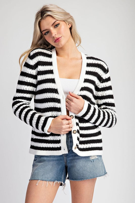 Striped Cardigan - Black-cardigan- Hometown Style HTS, women's in store and online boutique located in Ingersoll, Ontario