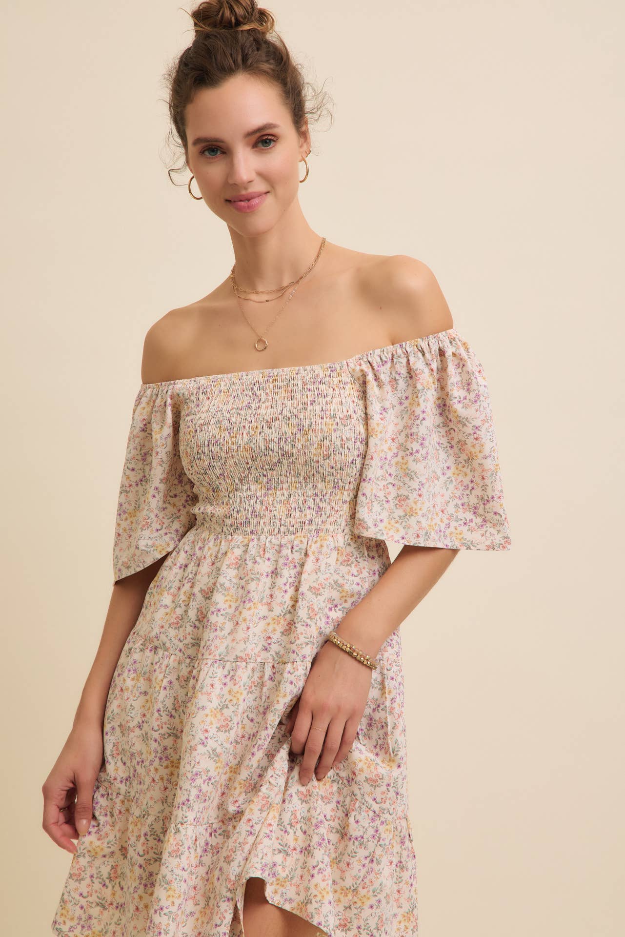 Floral Smocked Dress - Cream-dress- Hometown Style HTS, women's in store and online boutique located in Ingersoll, Ontario