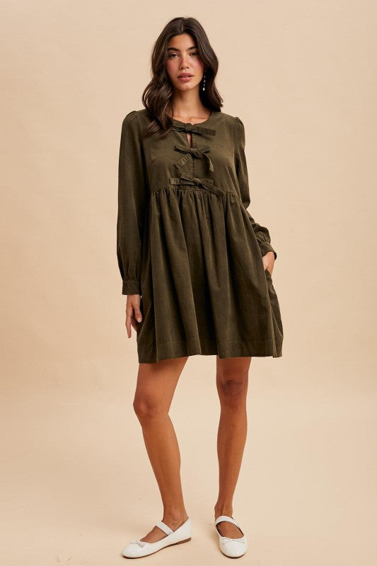Bow Tie Corduroy Mini Dress - Chocolate-Casual Dresses- Hometown Style HTS, women's in store and online boutique located in Ingersoll, Ontario