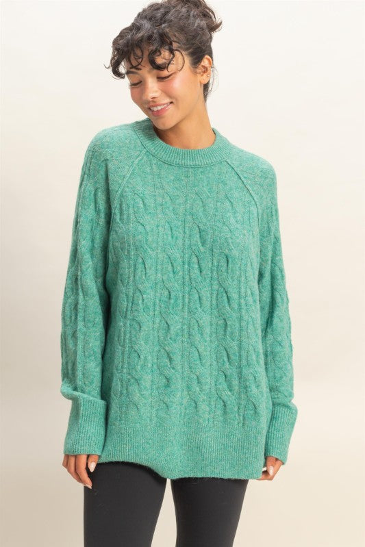 Cable Knit Sweater - Emerald-Sweaters and Cardigans- Hometown Style HTS, women's in store and online boutique located in Ingersoll, Ontario