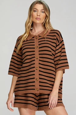 Striped Button Down Sweater Top - Cinnamon-Tops- Hometown Style HTS, women's in store and online boutique located in Ingersoll, Ontario