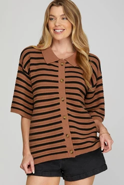 Striped Button Down Sweater Top - Cinnamon-Tops- Hometown Style HTS, women's in store and online boutique located in Ingersoll, Ontario