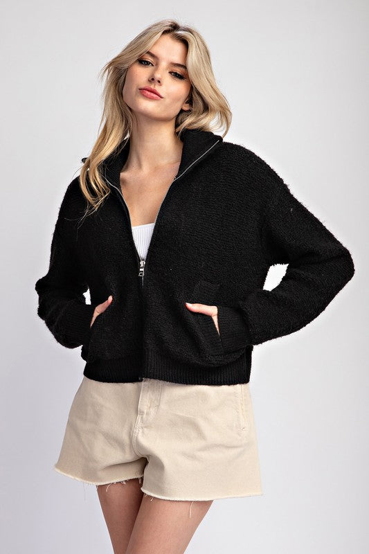 Zip Up Knit Sweater Jacket - Black-Coats & Jackets- Hometown Style HTS, women's in store and online boutique located in Ingersoll, Ontario