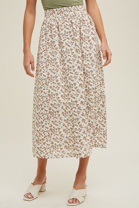 Floral Buttoned Midi Skirt - Cream-skirt- Hometown Style HTS, women's in store and online boutique located in Ingersoll, Ontario