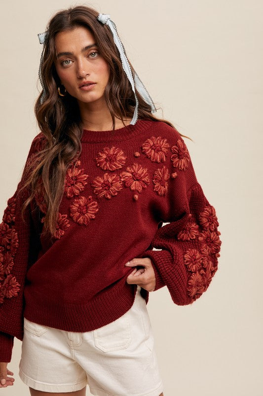 Flower Detail Sweater - Crimson-Sweater- Hometown Style HTS, women's in store and online boutique located in Ingersoll, Ontario