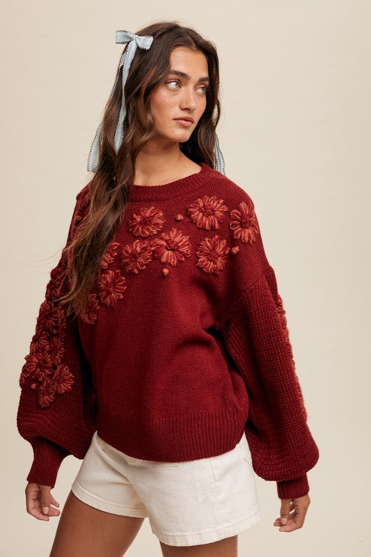 Flower Detail Sweater - Crimson-Sweater- Hometown Style HTS, women's in store and online boutique located in Ingersoll, Ontario