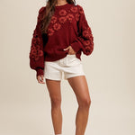 Flower Detail Sweater - Crimson-Sweater- Hometown Style HTS, women's in store and online boutique located in Ingersoll, Ontario