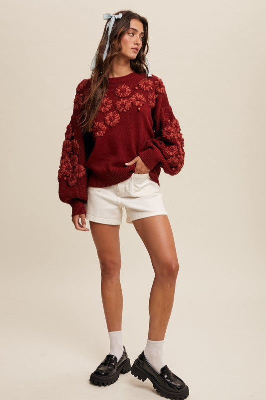 Flower Detail Sweater - Crimson-Sweater- Hometown Style HTS, women's in store and online boutique located in Ingersoll, Ontario